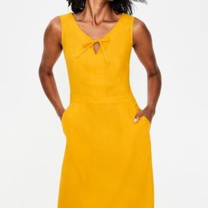 Boden yellow linen dress with pockets and tie neck